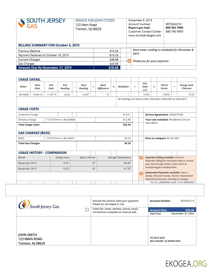 USA New Jersey gas utility bill template in Word and PDF format (.doc and .pdf)